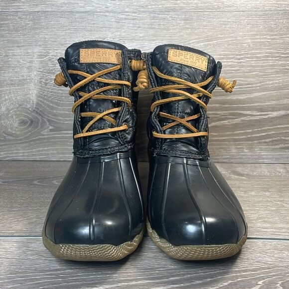 Sperry Top Sider Saltwater Black Quilted Women’s Sz 8 Tan Rubber Rain Duck Boots - Picture 2 of 11